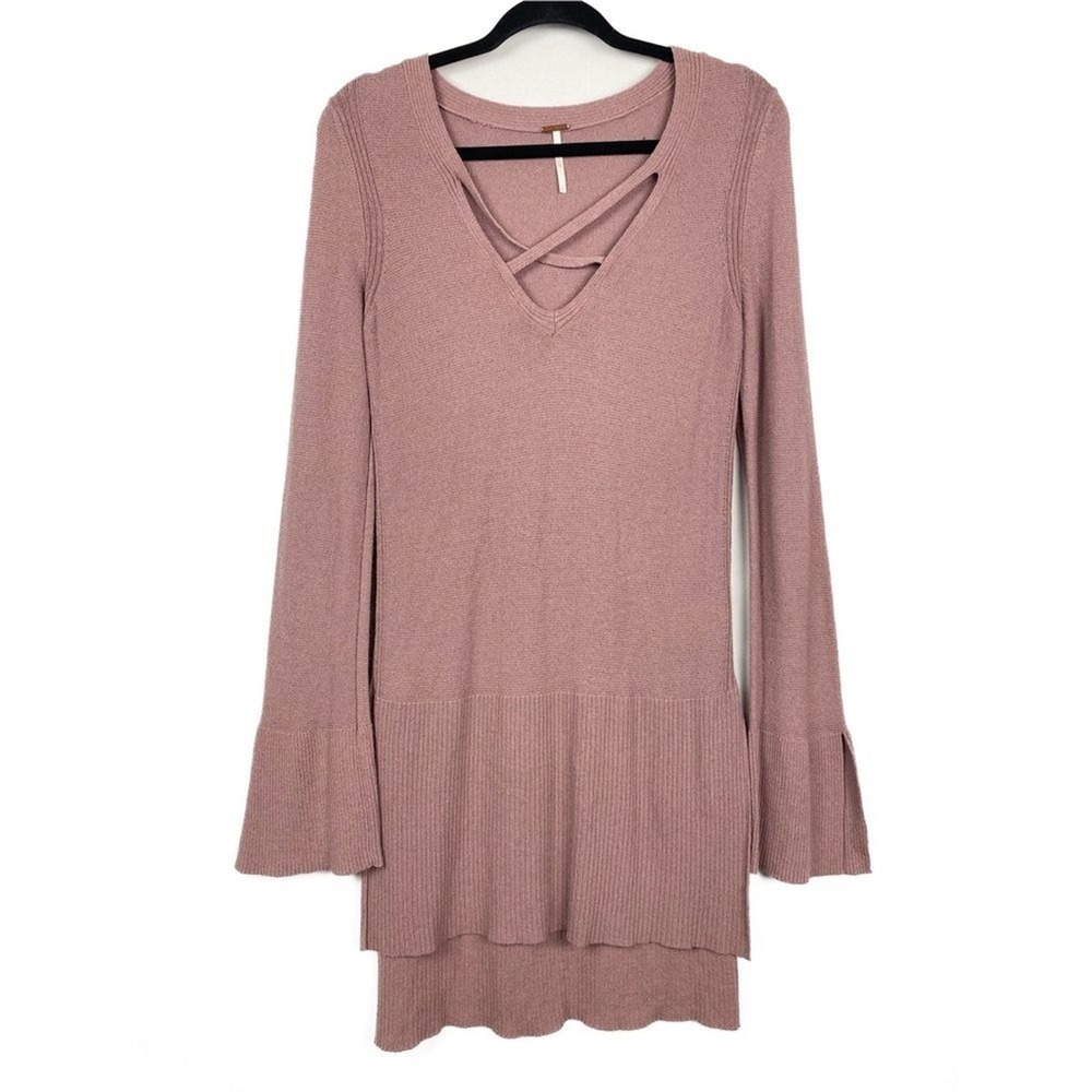 Free People Womens Tunic Top S Pink Linen Knit Bell Sleeve Boho Coastal
